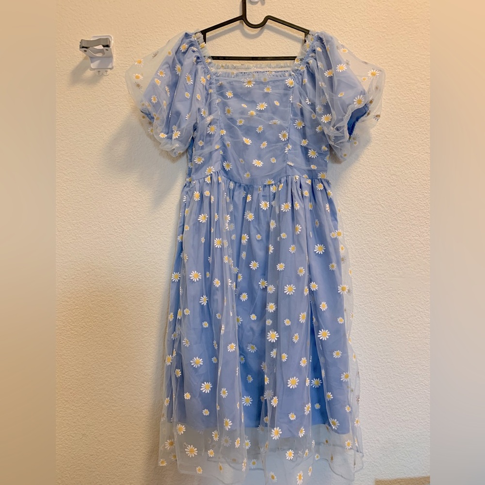 Dazy print Baby blue puff sleeve fluffy dress